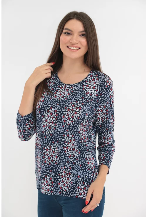 Bluza bleumarin cu imprimeu floral alb-rosu