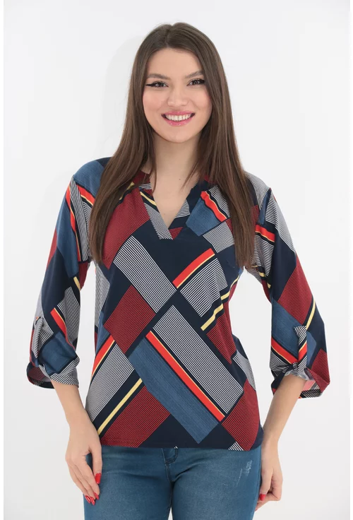 Bluza bleumarin cu imprimeu geometric rosu si guler tunica