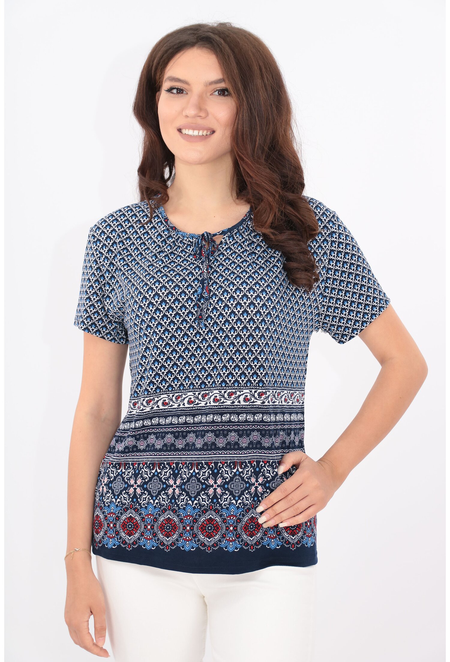 Bluza bleumarin cu print abstract bleu si bordura