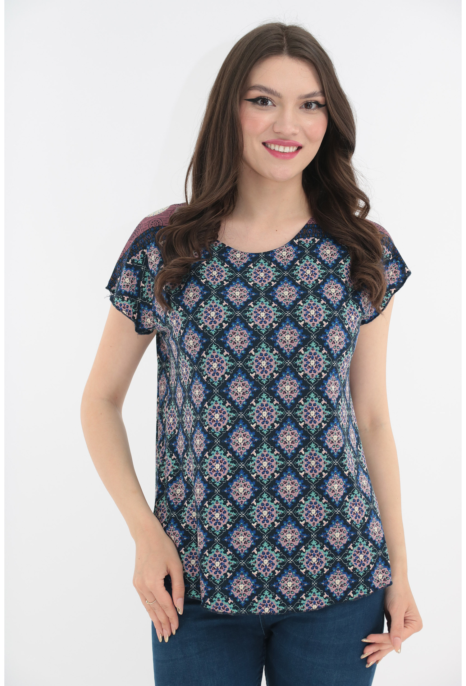 Bluza bleumarin cu print floral multicolor