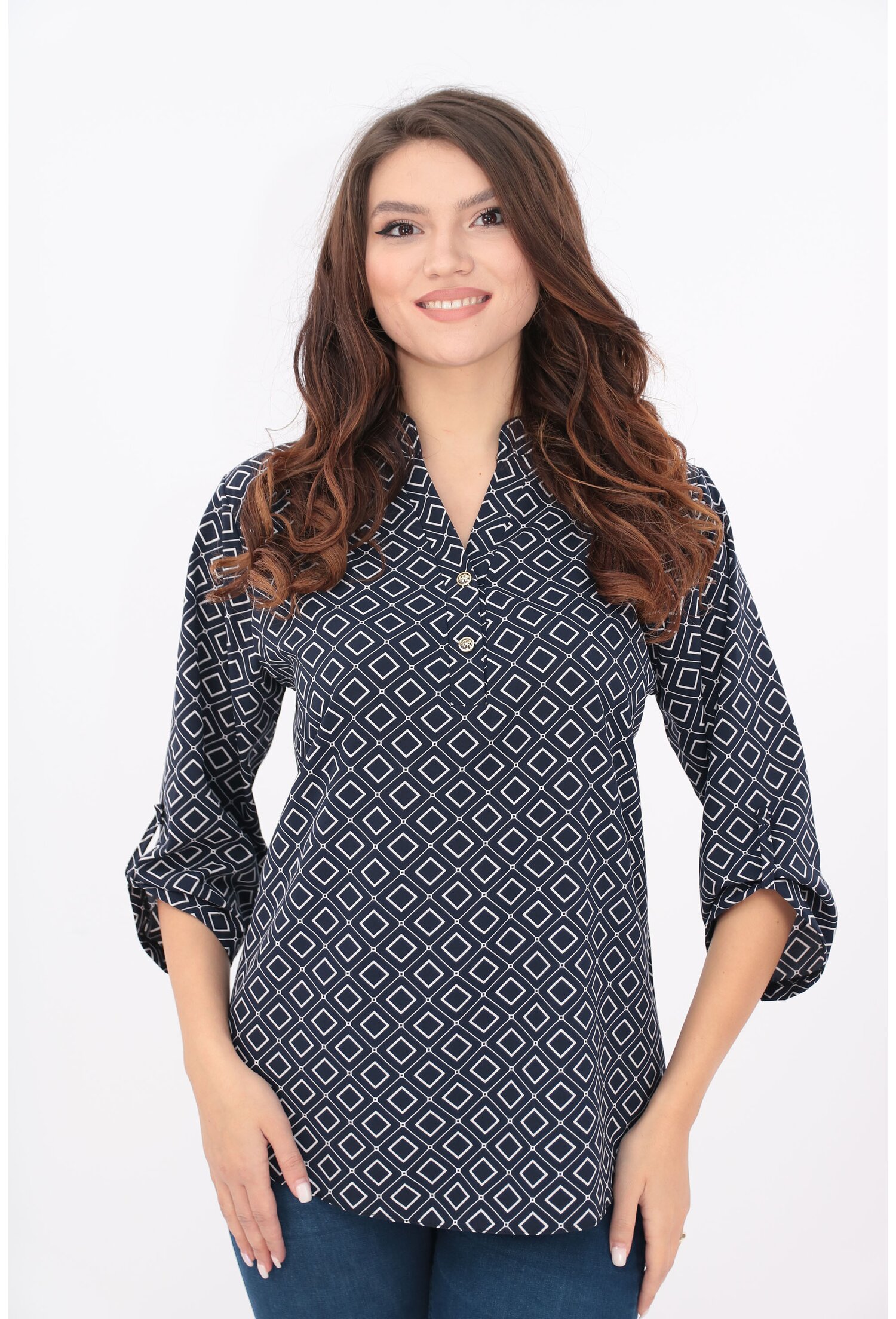 Bluza bleumarin cu print geometric si guler tunica