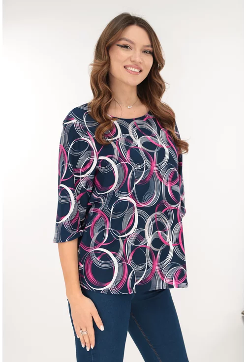Bluza bleumarin din bumbac cu print geometric alb-fucsia