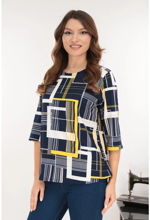 Bluza bleumarin din bumbac cu print geometric galben-alb