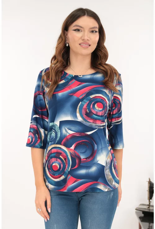 Bluza bleumarin din bumbac cu print geometric rosu-bej