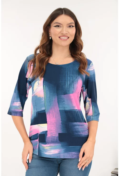 Bluza bleumarin din bumbac cu print geometric roz