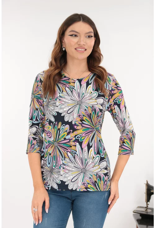Bluza bleumarin din vascoza cu desen floral galben-mov