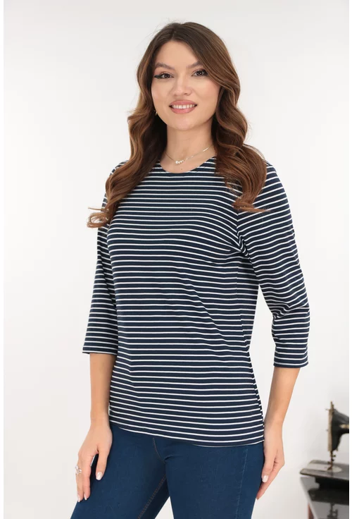 Bluza bleumarin din vascoza cu dungi fine albe