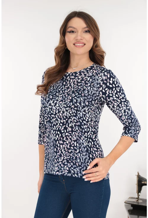 Bluza bleumarin din vascoza cu imprimeu floral gri
