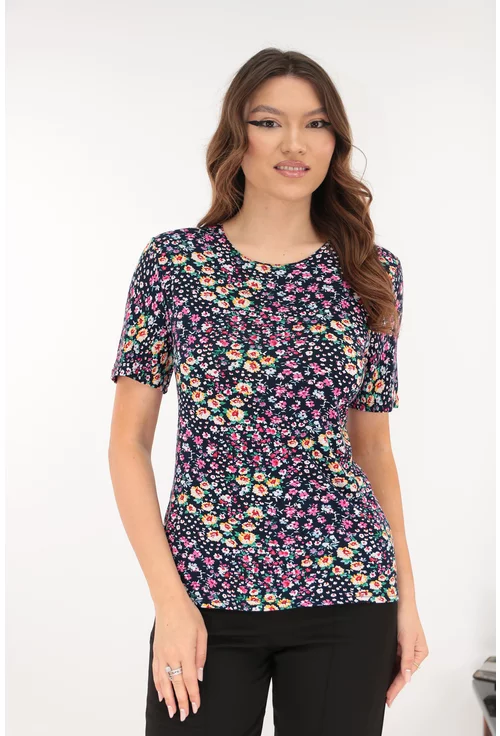 Bluza bleumarin din vascoza cu print floral roz-galben