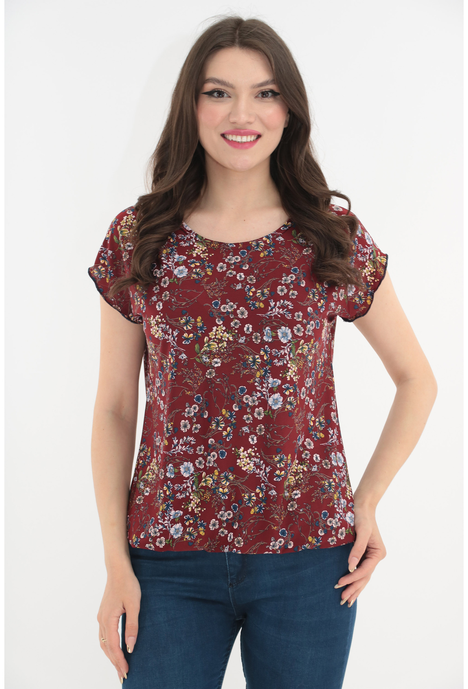 Bluza bordo cu imprimeu floral multicolor