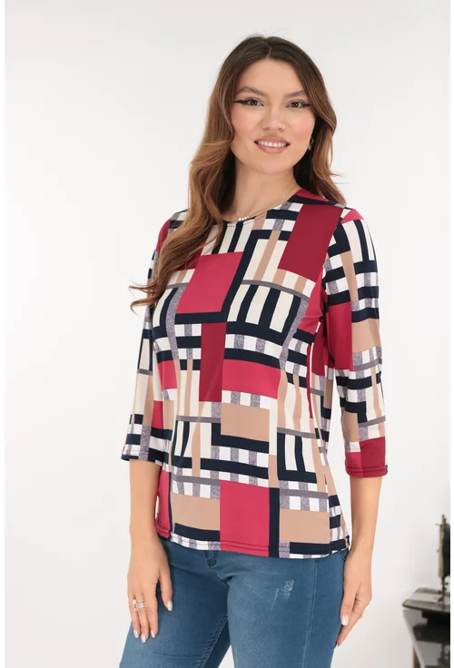 Bluza crem din vascoza cu print geometric bordo-albastru