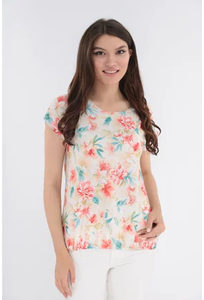 Bluza cu flori corai si turcoaz