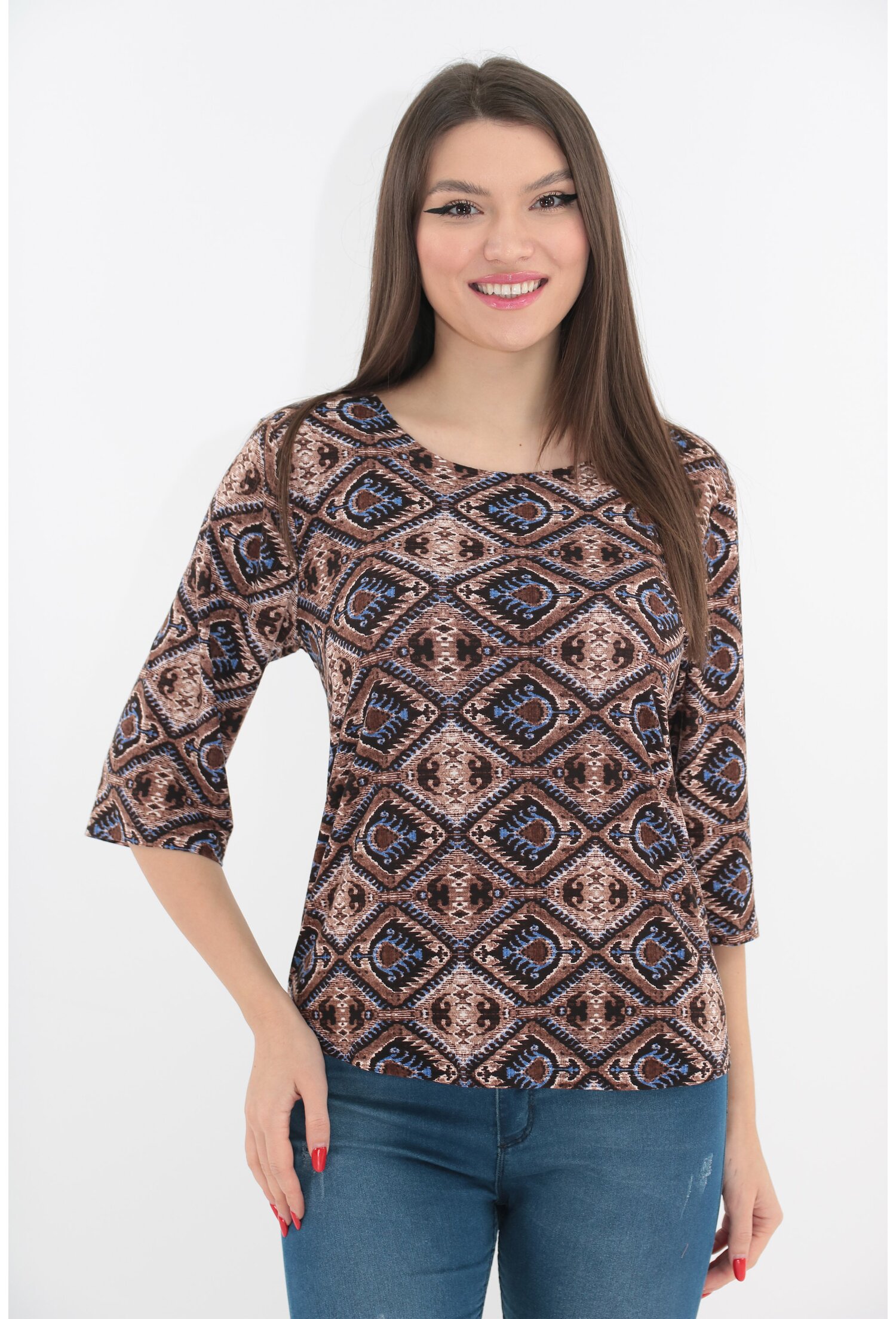 Bluza cu imprimeu geometric albastru-bej