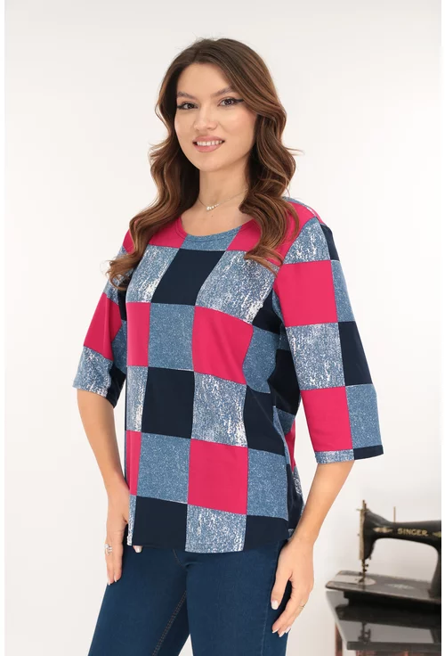 Bluza din bumbac cu patrate albastre si fucsia