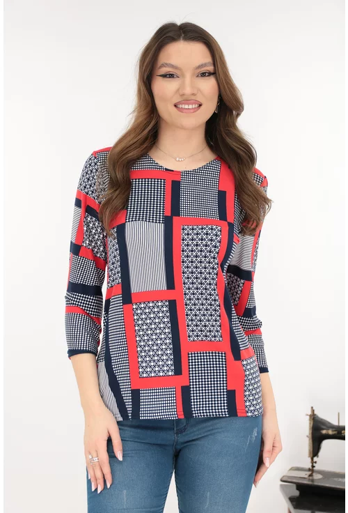 Bluza din bumbac cu print geometric bleumarin-rosu