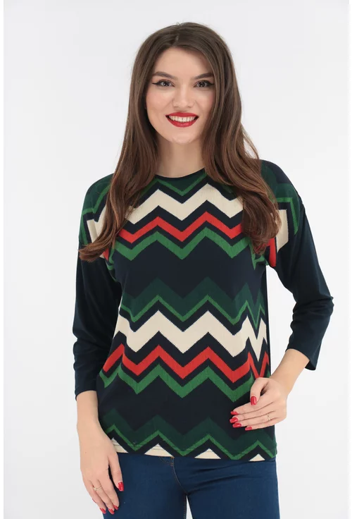 Bluza din jerse fin cu print geometric verde-rosu