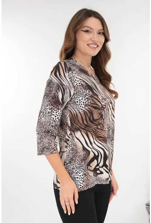 Bluza din vascoza cu animal print maro-alb