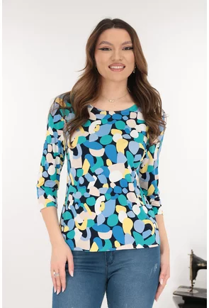 Bluza din vascoza cu imprimeu abstract galben-albastru