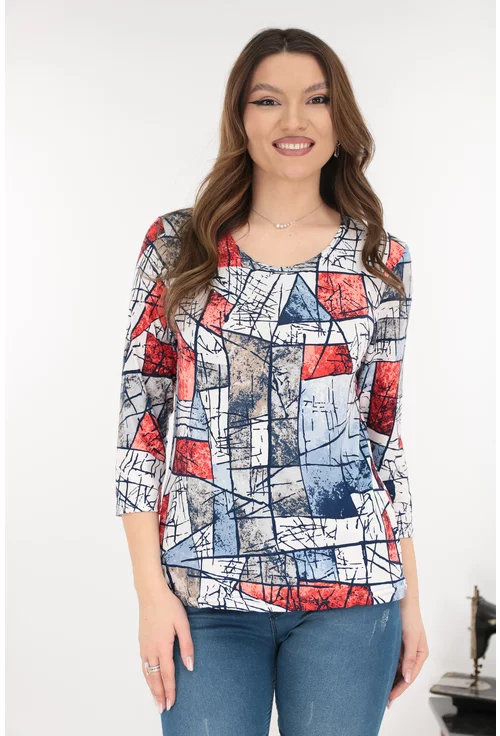 Bluza din vascoza cu imprimeu abstract rosu-albastru
