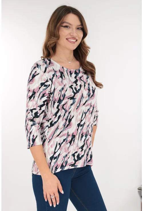 Bluza din vascoza cu imprimeu abstract roz-gri