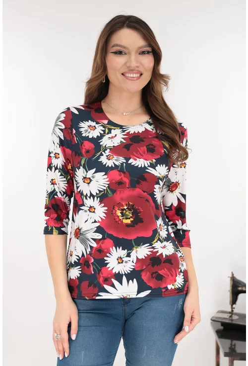 Bluza  din vascoza cu imprimeu floral alb-bordo