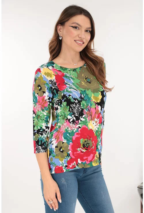 Bluza din vascoza cu imprimeu floral maxi rosu-verde