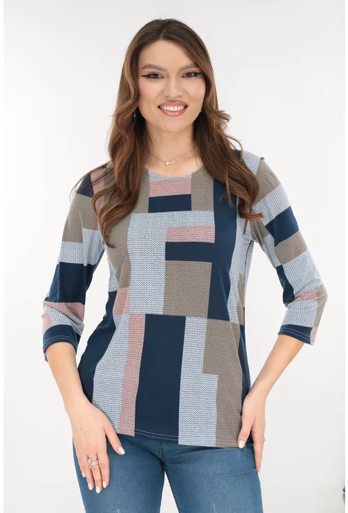 Bluza din vascoza cu imprimeu geometric bleumarin-gri