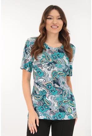 Bluza din vascoza cu print abstract turcoaz