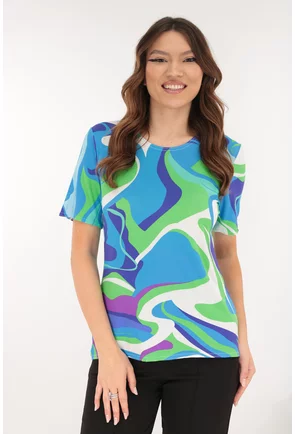 Bluza din vascoza cu print abstract verde-albastru