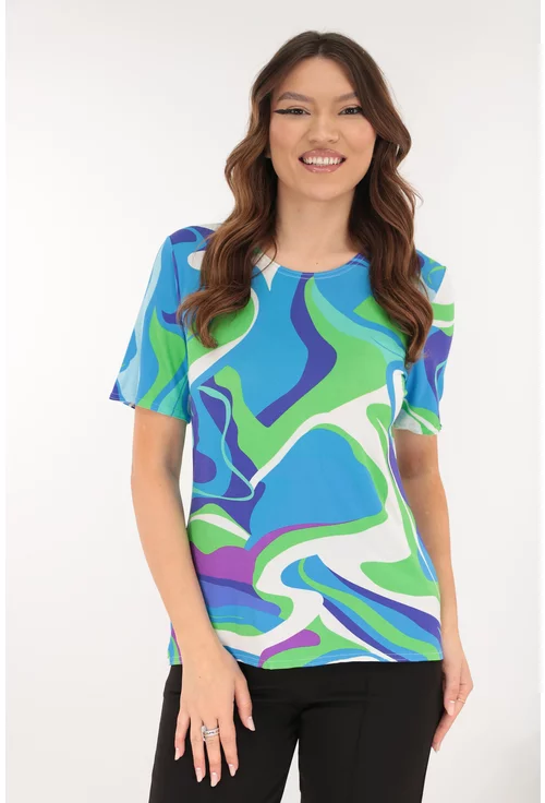 Bluza din vascoza cu print abstract verde-albastru