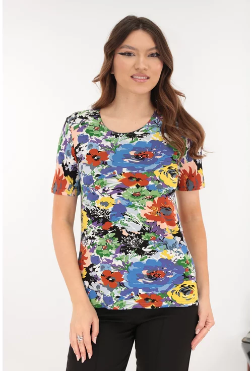 Bluza din vascoza cu print floral albastru-caramiziu