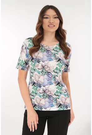 Bluza din vascoza cu print floral verde-lila