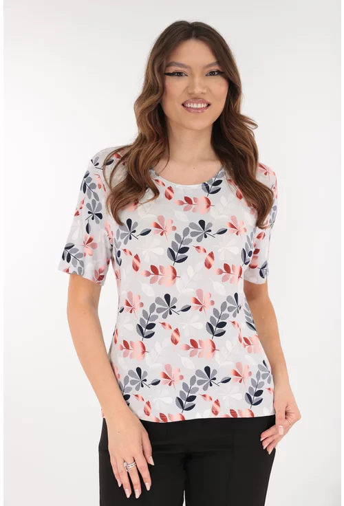 Bluza din vascoza gri cu desen floral rosu-bleumarin