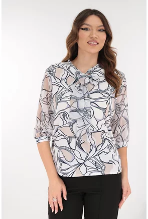 Bluza eleganta alba cu print abstract bleumarin-bej