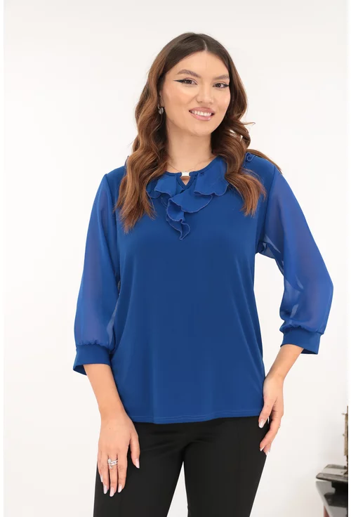 Bluza eleganta albastra cu volanase la decolteu