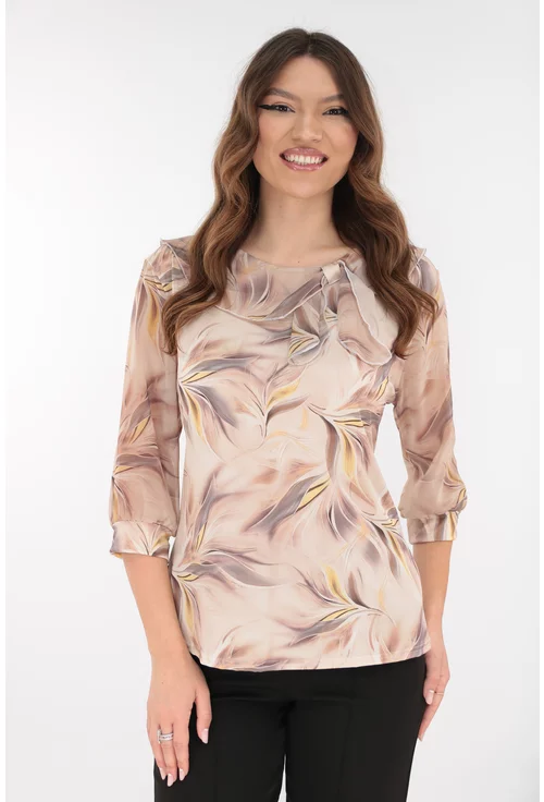 Bluza eleganta bej cu print floral cafeniu