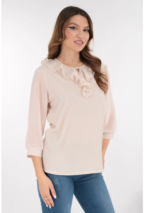 Bluza eleganta bej cu volanase la decolteu