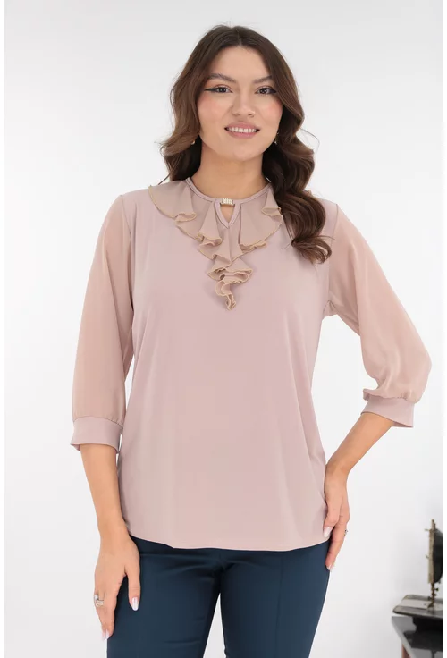 Bluza eleganta cafenie cu volanase la decolteu