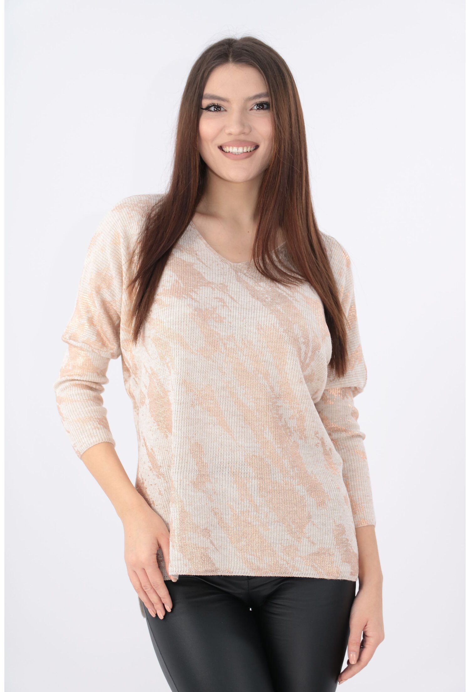 Bluza eleganta crem cu print aramiu