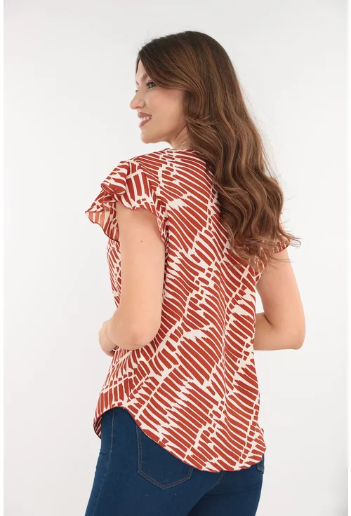 Bluza eleganta cu imprimeu geometric bej-caramiziu
