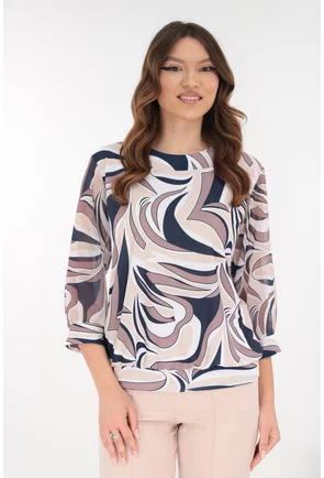 Bluza eleganta cu print abstract bej-bleumarin