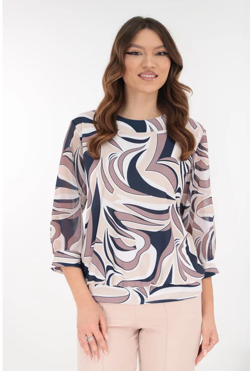 Bluza eleganta cu print abstract bej-bleumarin