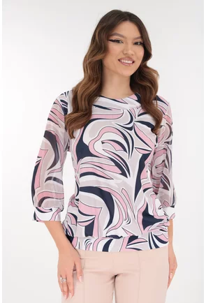 Bluza eleganta cu print abstract roz-bleumarin