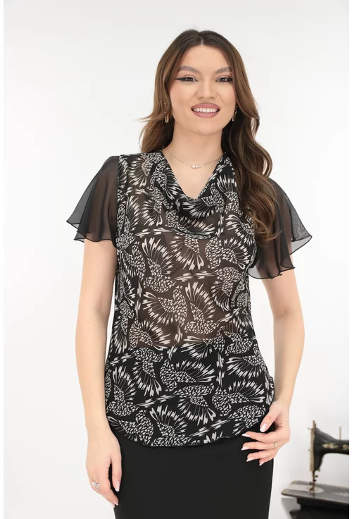 Bluza eleganta din voal negru cu print alb