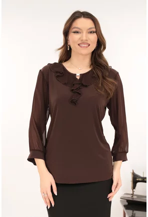 Bluza eleganta maro cu volanase la decolteu