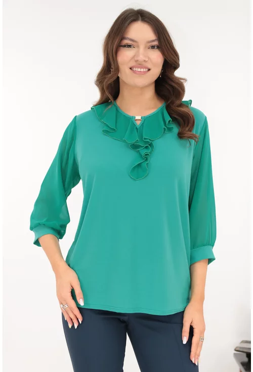 Bluza eleganta turcoaz cu volanase la decolteu