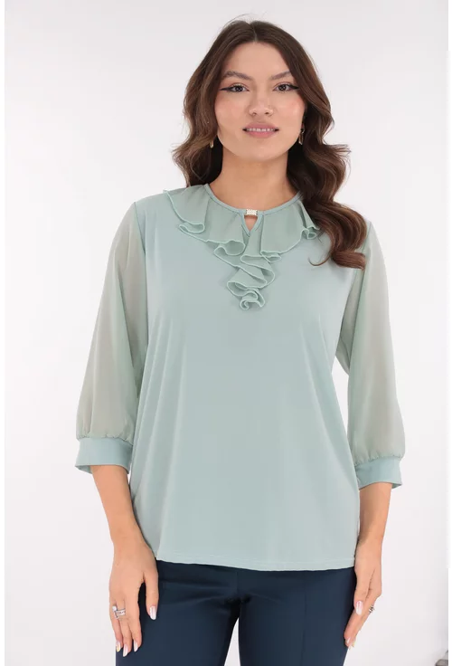 Bluza eleganta verde-aqua cu volanase la decolteu