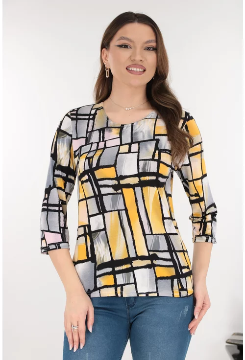 Bluza gri din bumbac cu print abstract galben