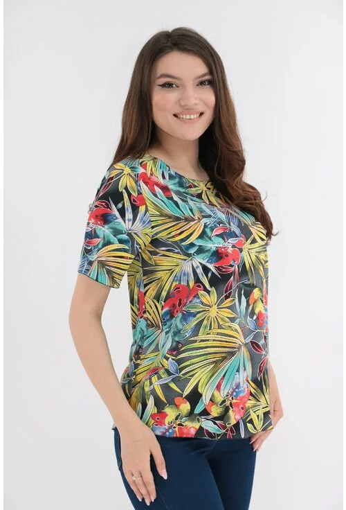 Bluza gri inchis cu print tropical