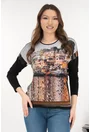 Bluza lejera neagra cu imprimeu cu peisaj